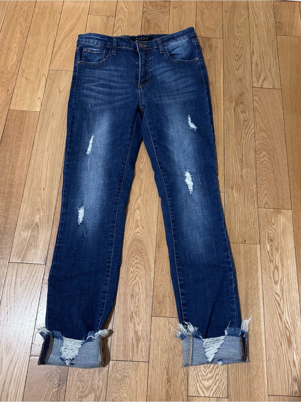 Risen Women's Distressed Dark Blue Super stretch Jeans with Frayed Hem